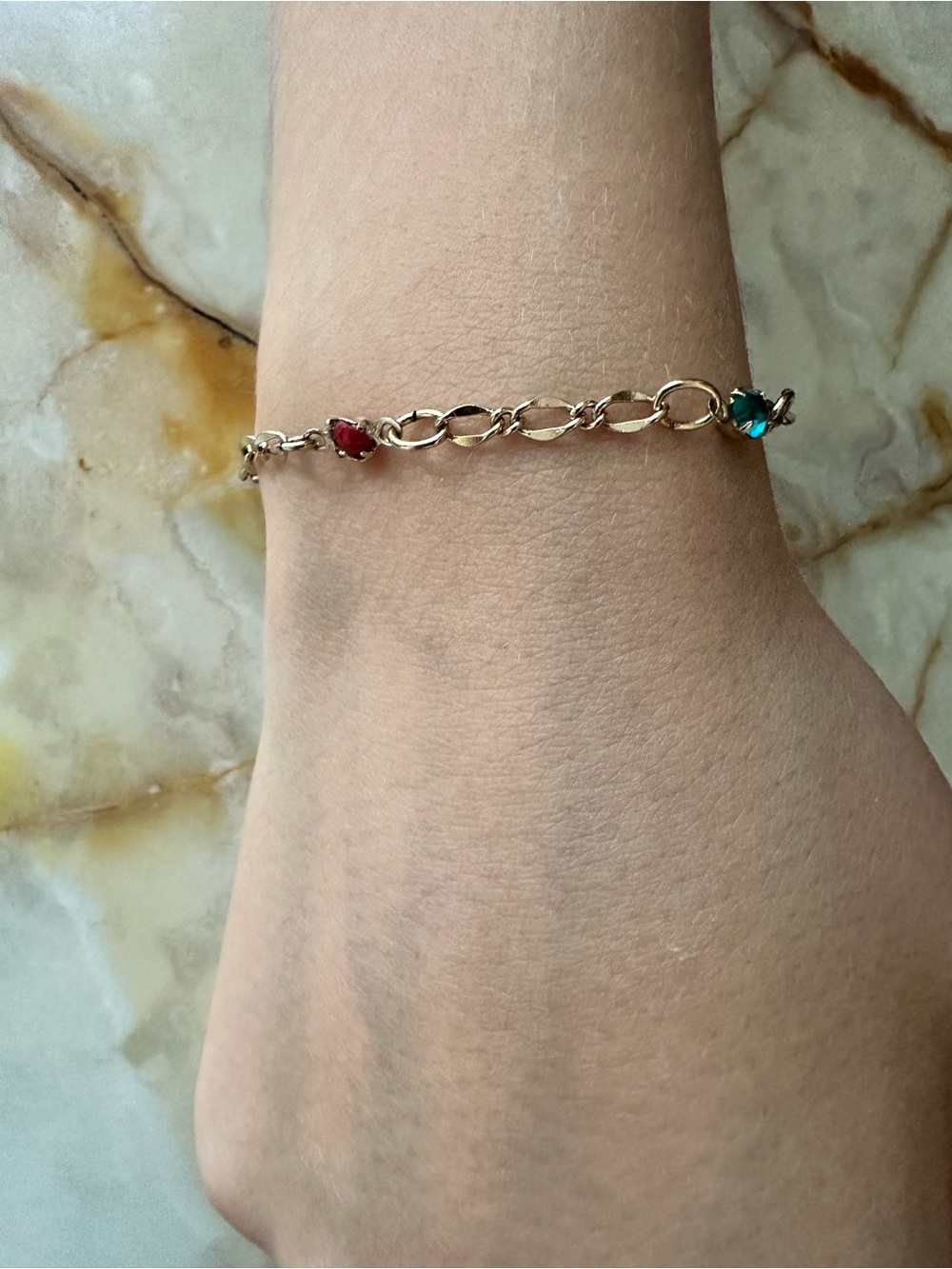 Delicate 20-14k GF Chain Bracelet with Red and Teal Gemstones